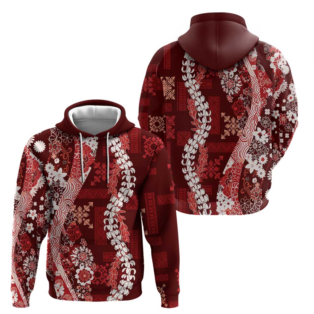 Hawaii Puakenikeni and Maile Lei Zip Hoodie Red Japanese Wave Style - Polynesian Pride
