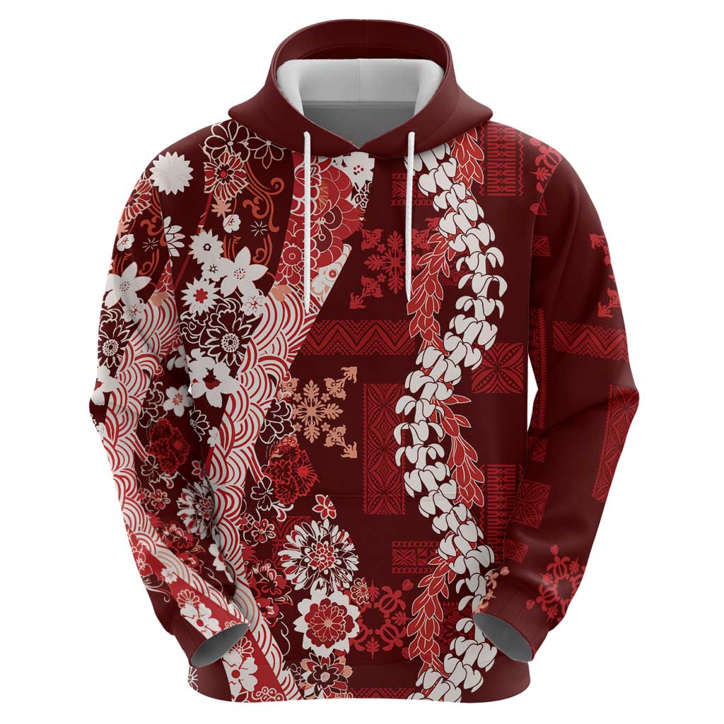 Hawaii Puakenikeni and Maile Lei Zip Hoodie Red Japanese Wave Style - Polynesian Pride