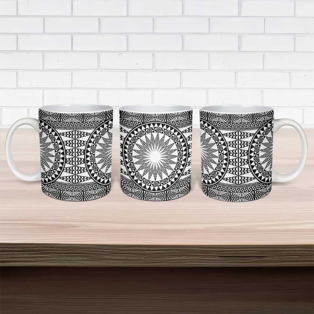 All White Tonga Malo e lelei Ceramic Mug Vintage Ngatu Tribal Pattern - Polynesian Pride