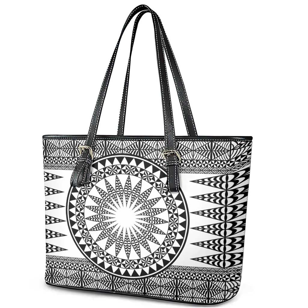 All White Tonga Malo e lelei Leather Tote Bag Vintage Ngatu Tribal Pattern - Polynesian Pride
