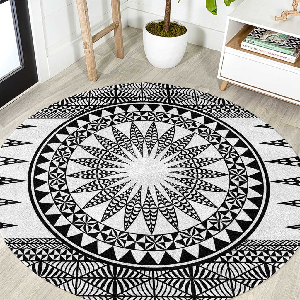 All White Tonga Malo e lelei Round Carpet Vintage Ngatu Tribal Pattern - Polynesian Pride
