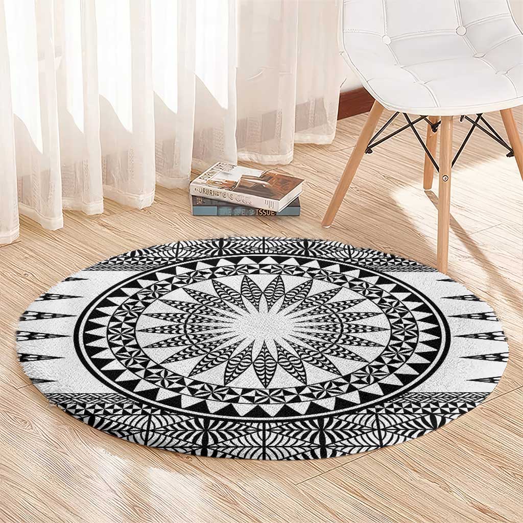 All White Tonga Malo e lelei Round Carpet Vintage Ngatu Tribal Pattern - Polynesian Pride