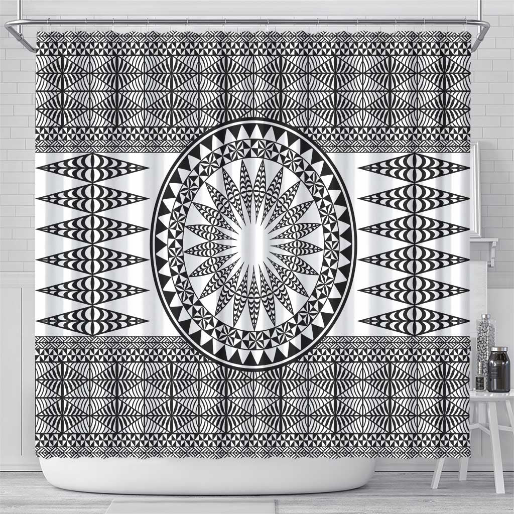 All White Tonga Malo e lelei Shower Curtain Vintage Ngatu Tribal Pattern - Polynesian Pride