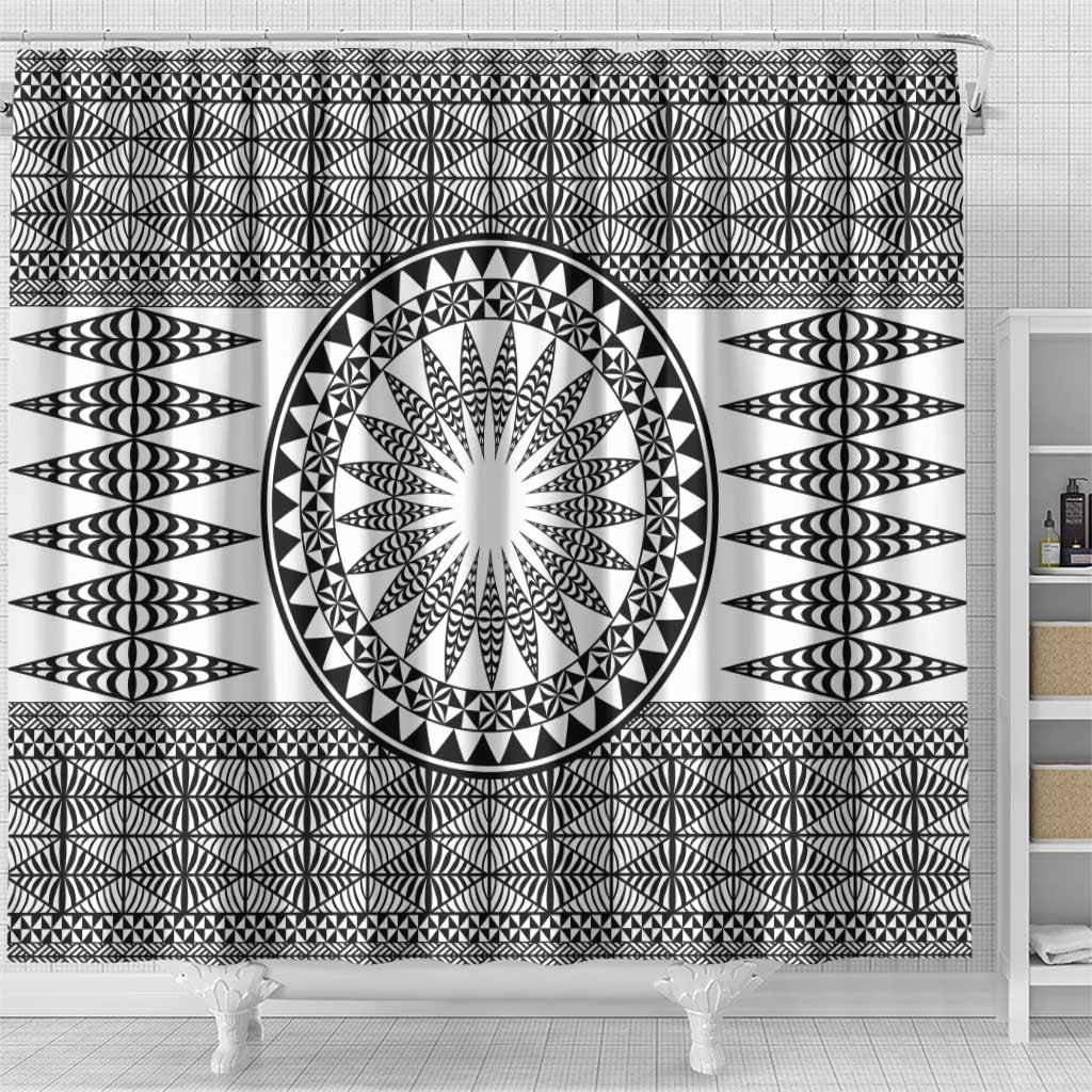 All White Tonga Malo e lelei Shower Curtain Vintage Ngatu Tribal Pattern - Polynesian Pride