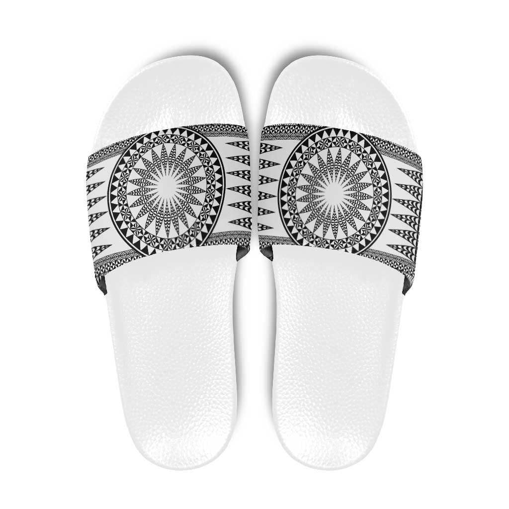 All White Tonga Malo e lelei Slide Sandals Vintage Ngatu Tribal Pattern LT9 White - Polynesian Pride