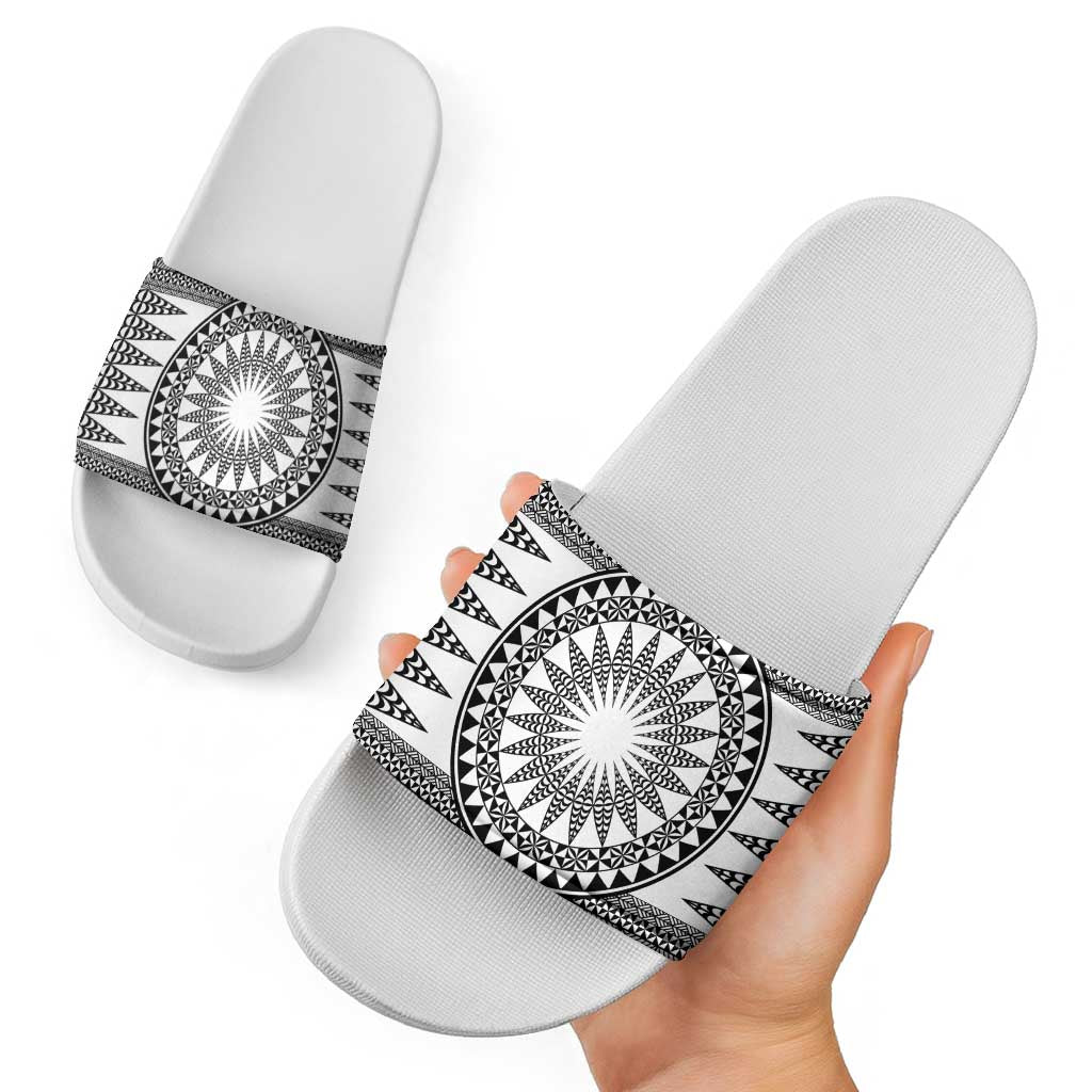 All White Tonga Malo e lelei Slide Sandals Vintage Ngatu Tribal Pattern LT9 - Polynesian Pride