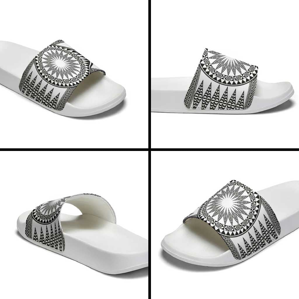 All White Tonga Malo e lelei Slide Sandals Vintage Ngatu Tribal Pattern LT9 - Polynesian Pride