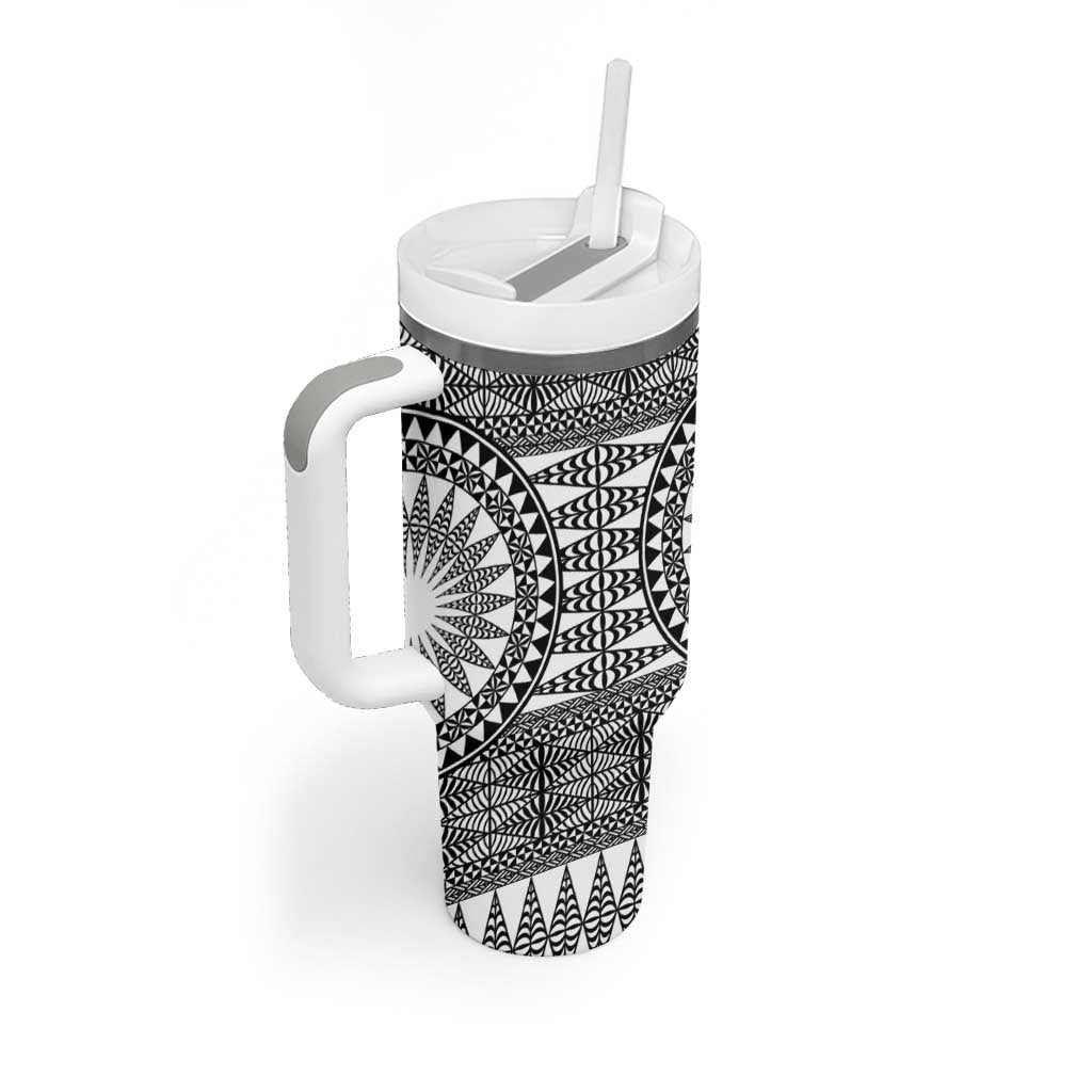 All White Tonga Malo e lelei Tumbler With Handle Vintage Ngatu Tribal Pattern - Polynesian Pride