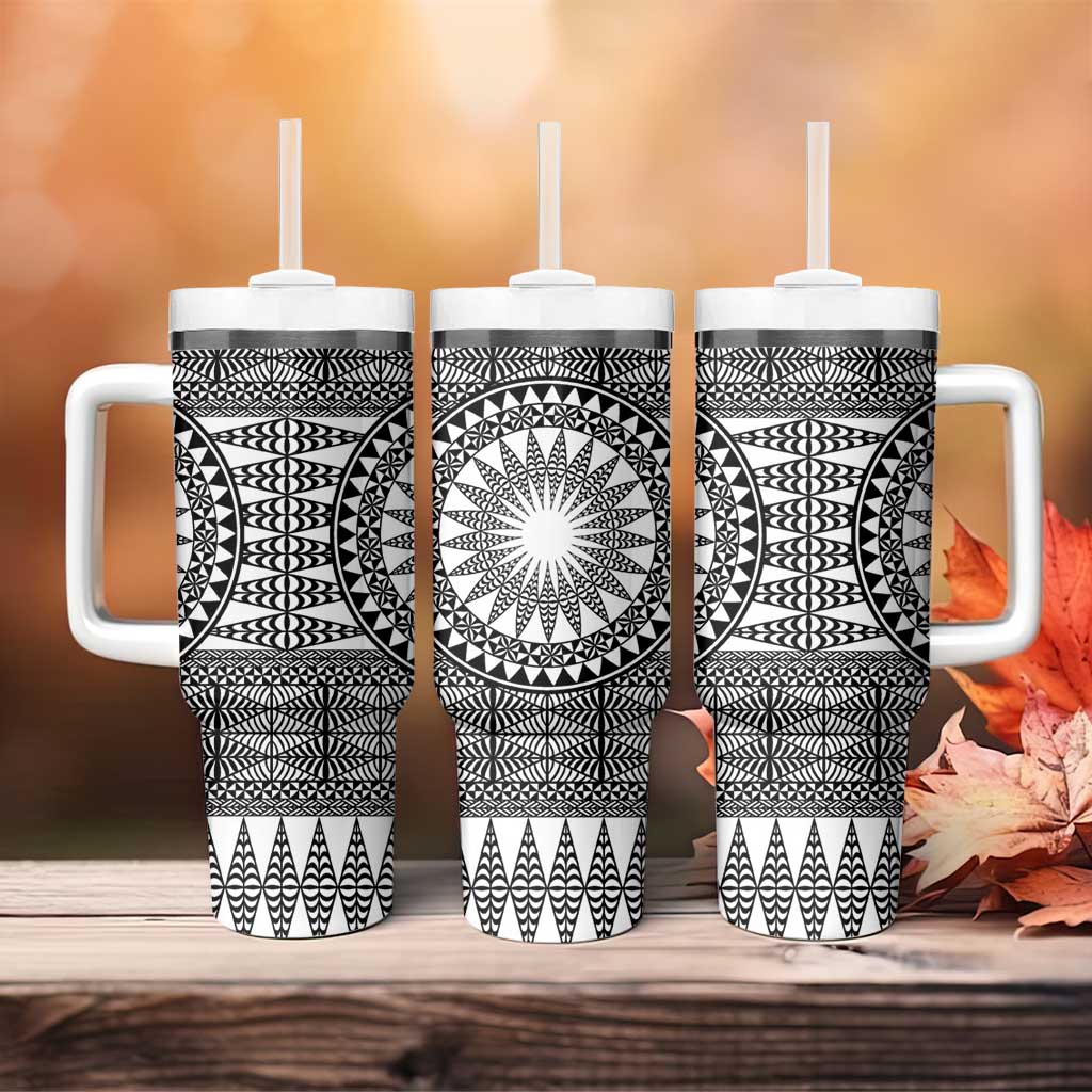 All White Tonga Malo e lelei Tumbler With Handle Vintage Ngatu Tribal Pattern - Polynesian Pride