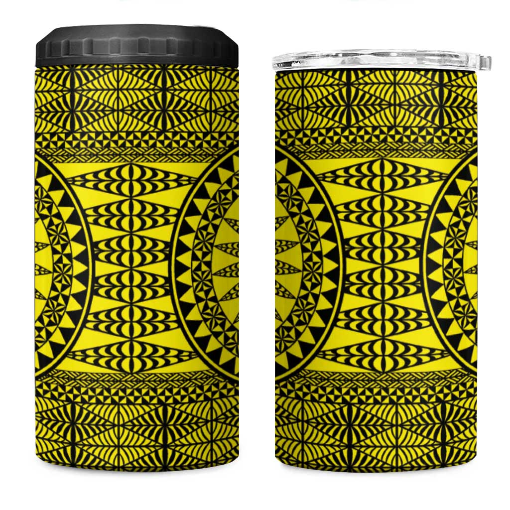 All Yellow Tonga Malo e lelei 4 in 1 Can Cooler Tumbler Vintage Ngatu Tribal Pattern - Polynesian Pride