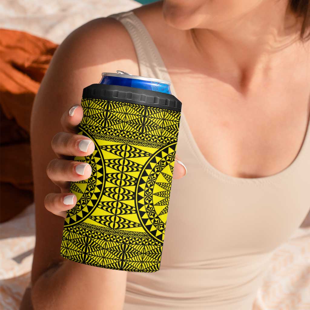 All Yellow Tonga Malo e lelei 4 in 1 Can Cooler Tumbler Vintage Ngatu Tribal Pattern - Polynesian Pride