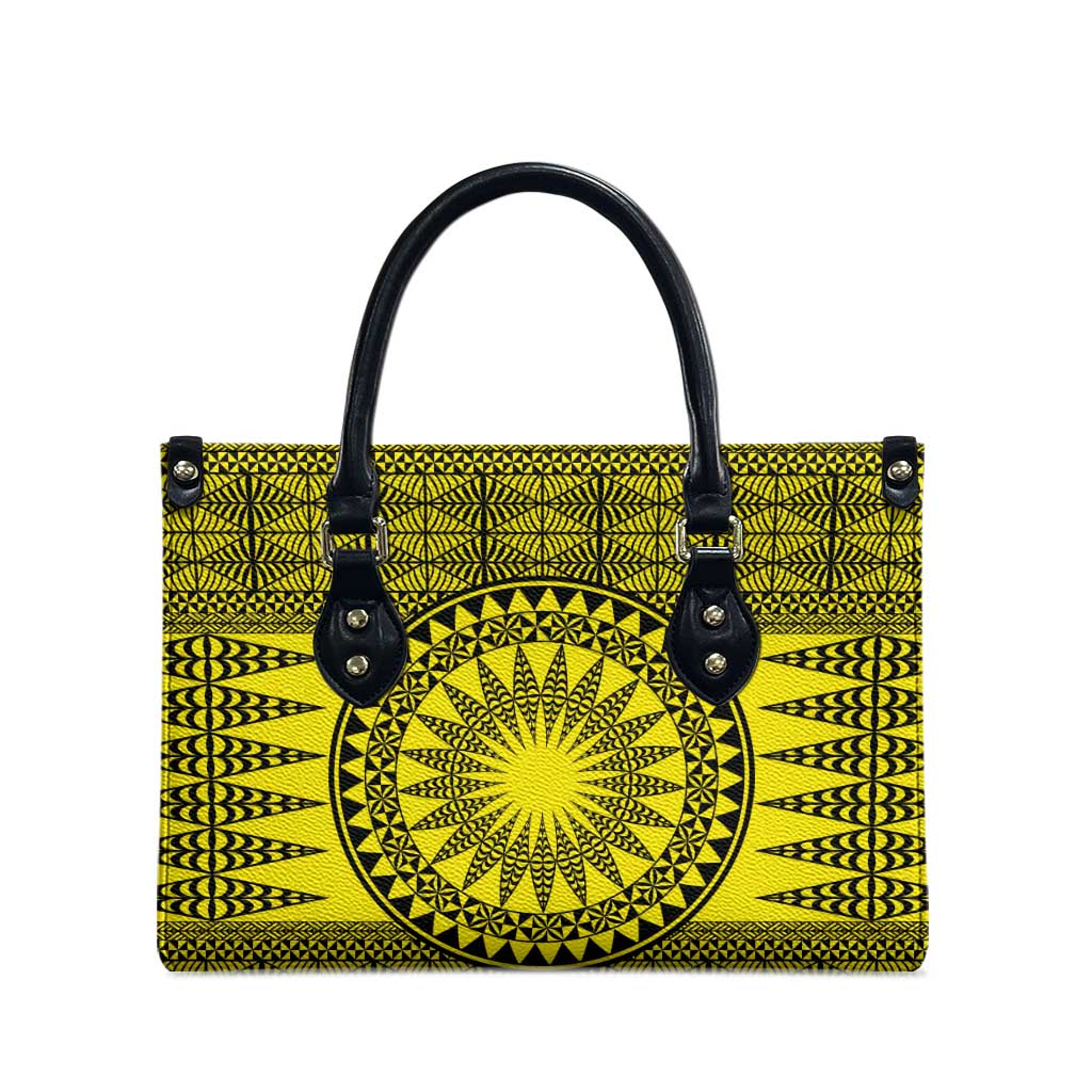 All Yellow Tonga Malo e lelei Leather Bag Vintage Ngatu Tribal Pattern - Polynesian Pride