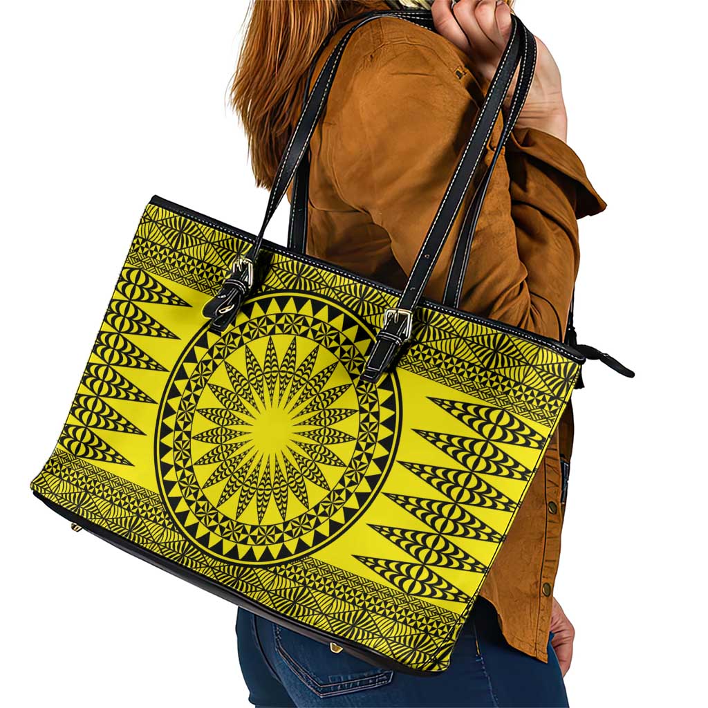 All Yellow Tonga Malo e lelei Leather Tote Bag Vintage Ngatu Tribal Pattern - Polynesian Pride