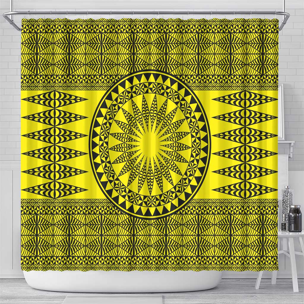 All Yellow Tonga Malo e lelei Shower Curtain Vintage Ngatu Tribal Pattern - Polynesian Pride