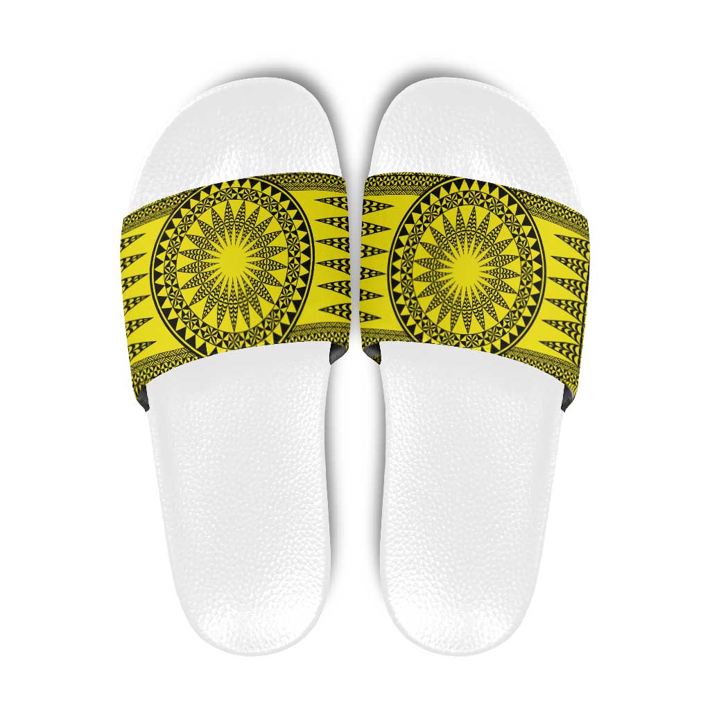 All Yellow Tonga Malo e lelei Slide Sandals Vintage Ngatu Tribal Pattern LT9 Yellow - Polynesian Pride
