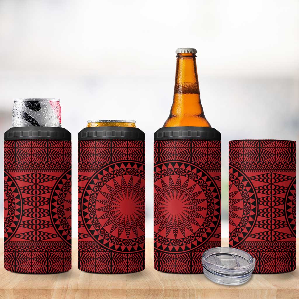 All Red Tonga Malo e lelei 4 in 1 Can Cooler Tumbler Vintage Ngatu Tribal Pattern - Polynesian Pride