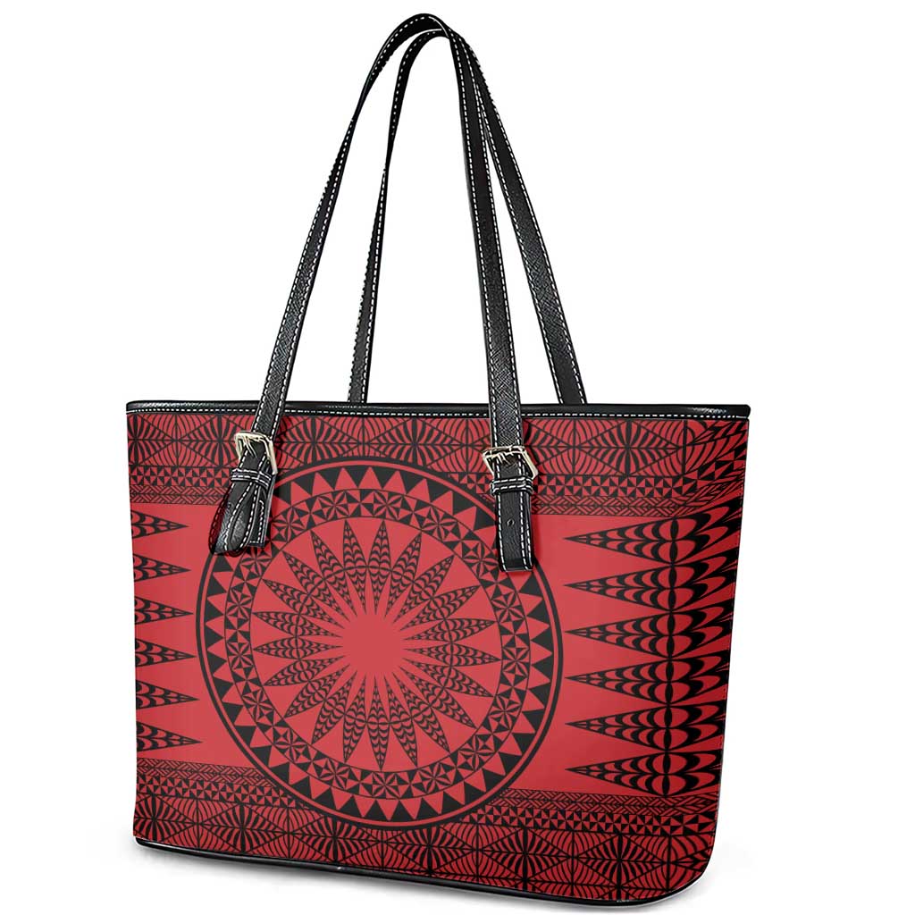 All Red Tonga Malo e lelei Leather Tote Bag Vintage Ngatu Tribal Pattern - Polynesian Pride