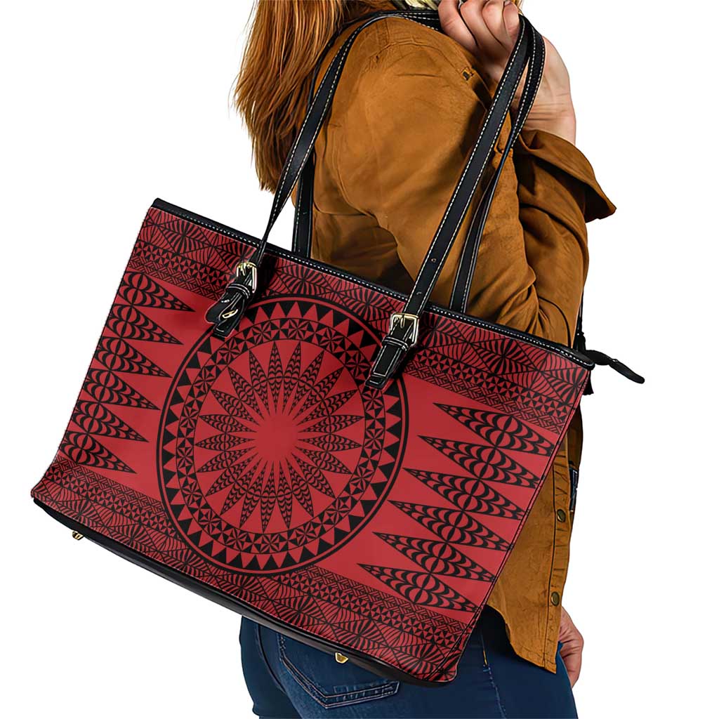 All Red Tonga Malo e lelei Leather Tote Bag Vintage Ngatu Tribal Pattern - Polynesian Pride