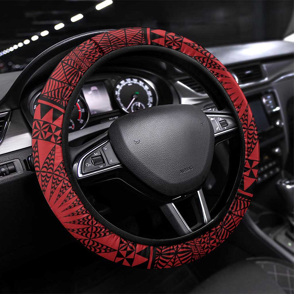 All Red Tonga Malo e lelei Steering Wheel Cover Vintage Ngatu Tribal Pattern - Polynesian Pride