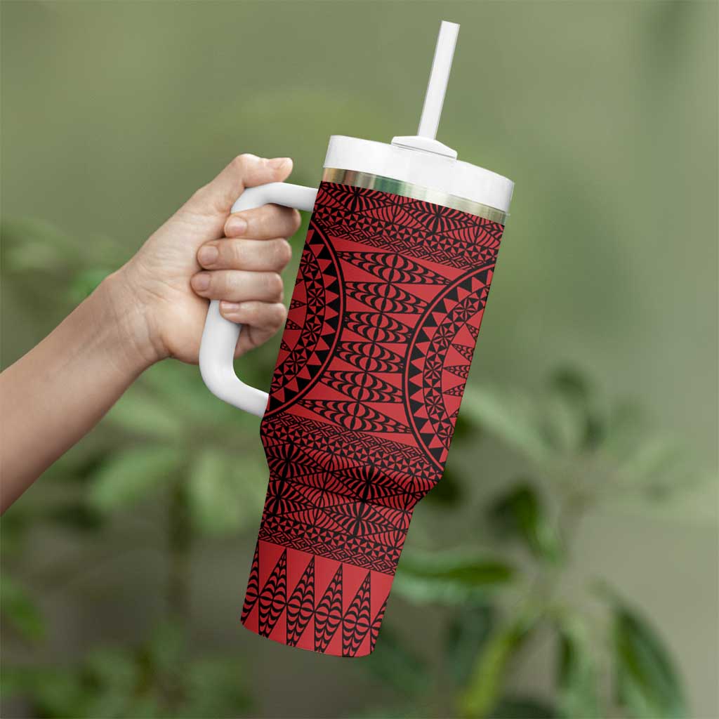 All Red Tonga Malo e lelei Tumbler With Handle Vintage Ngatu Tribal Pattern - Polynesian Pride
