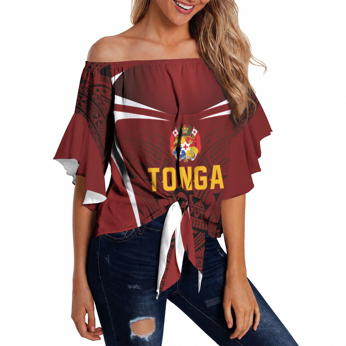 2026 Rugby Nations Series Custom Tonga Ikale Tahi Off Shoulder Wrap Waist Top LT9 Red - Polynesian Pride