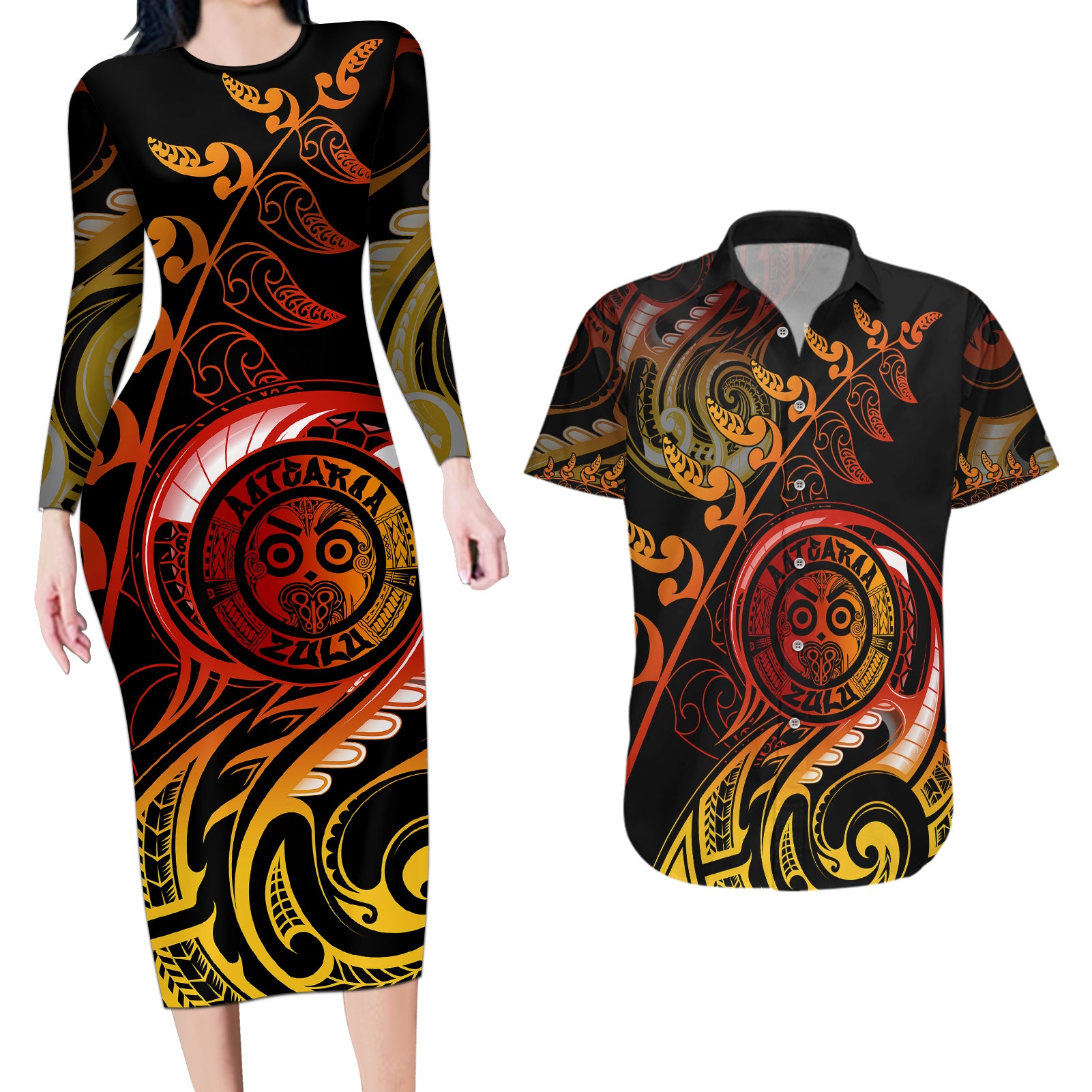 New Zealand Couples Matching Long Sleeve Bodycon Dress and Hawaiian Shirt Aotearoa Wisdom Face Maori Fern Tattoo Arty LT9 Reggae - Polynesian Pride