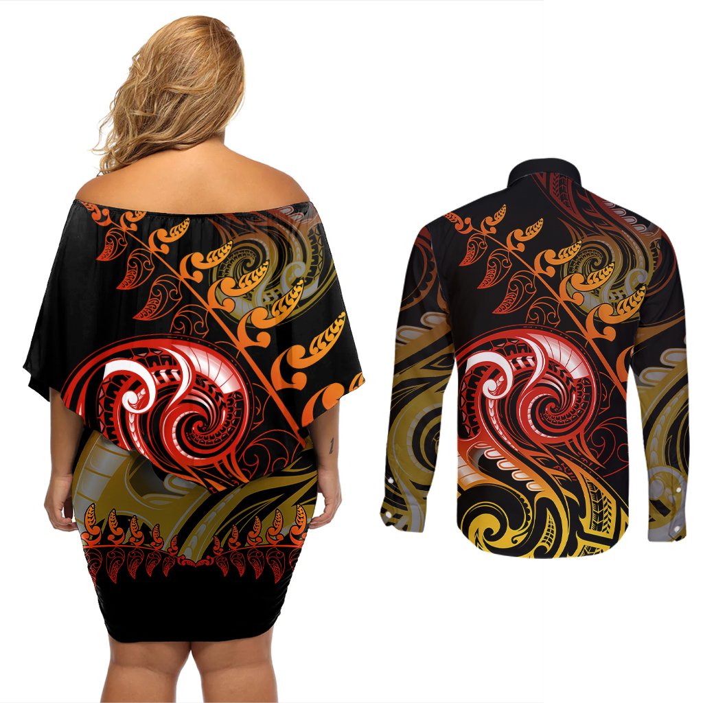 New Zealand Couples Matching Off Shoulder Short Dress and Long Sleeve Button Shirts Aotearoa Wisdom Face Maori Fern Tattoo Arty LT9 - Polynesian Pride