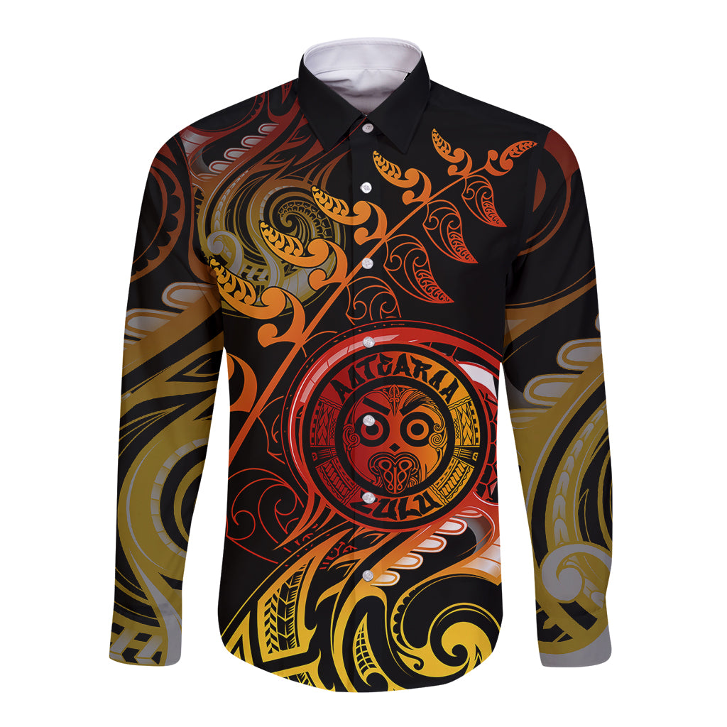 New Zealand Long Sleeve Button Shirt Aotearoa Wisdom Face Maori Fern Tattoo Arty LT9 Unisex Reggae - Polynesian Pride
