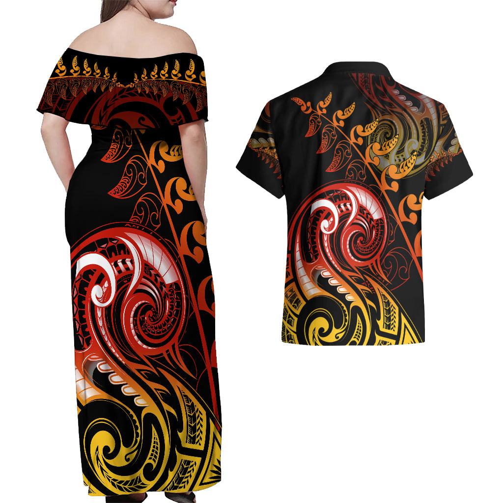 New Zealand Couples Matching Off Shoulder Maxi Dress and Hawaiian Shirt Aotearoa Hei-Tiki Maori Fern Tattoo Arty LT9 - Polynesian Pride