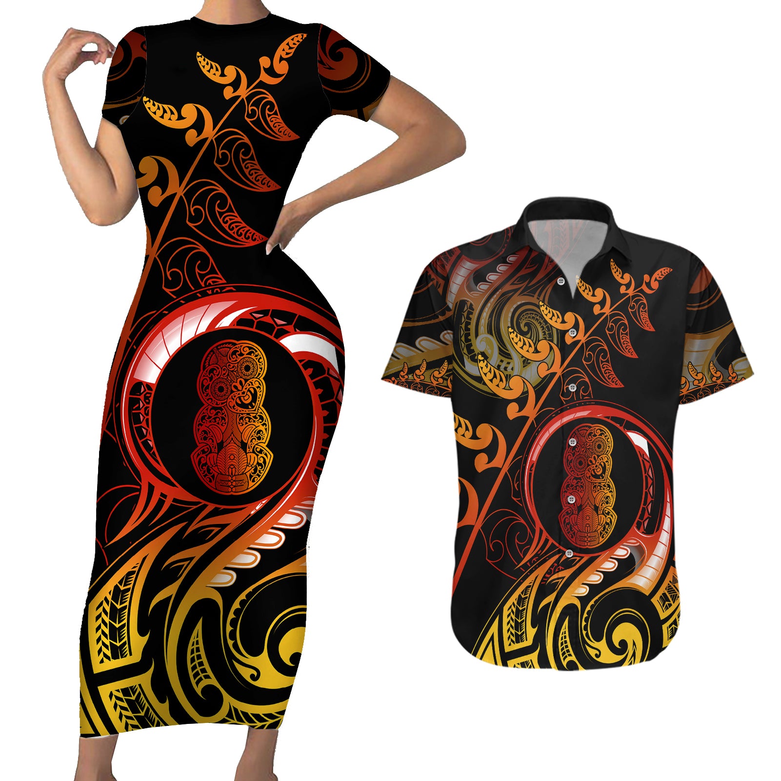 New Zealand Couples Matching Short Sleeve Bodycon Dress and Hawaiian Shirt Aotearoa Hei-Tiki Maori Fern Tattoo Arty LT9 Reggae - Polynesian Pride