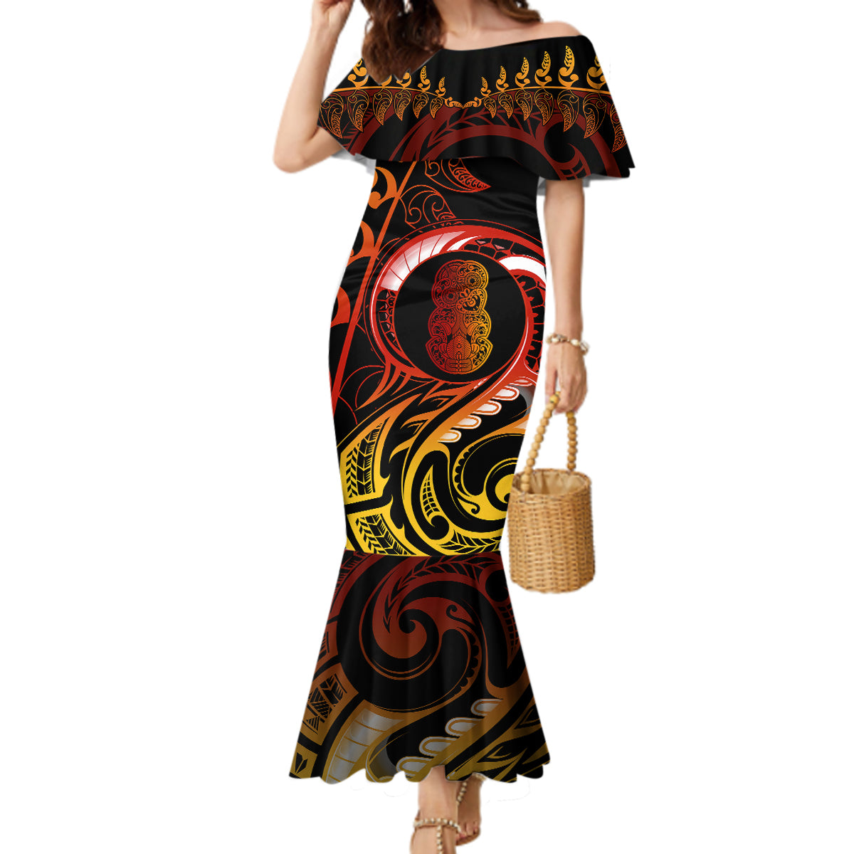 New Zealand Mermaid Dress Aotearoa Hei-Tiki Maori Fern Tattoo Arty LT9 Women Reggae - Polynesian Pride