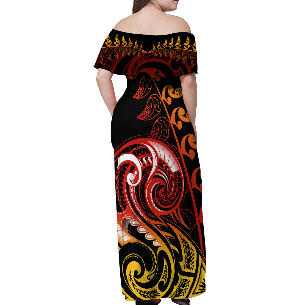 New Zealand Off Shoulder Maxi Dress Aotearoa Hei-Tiki Maori Fern Tattoo Arty LT9 - Polynesian Pride