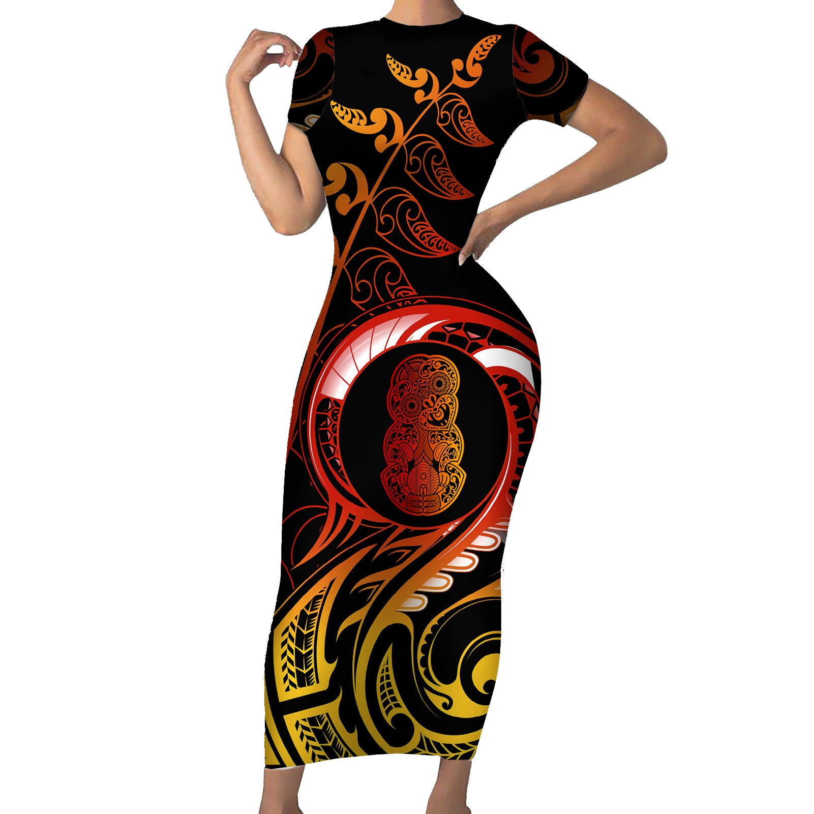 New Zealand Short Sleeve Bodycon Dress Aotearoa Hei-Tiki Maori Fern Tattoo Arty LT9 Long Dress Reggae - Polynesian Pride