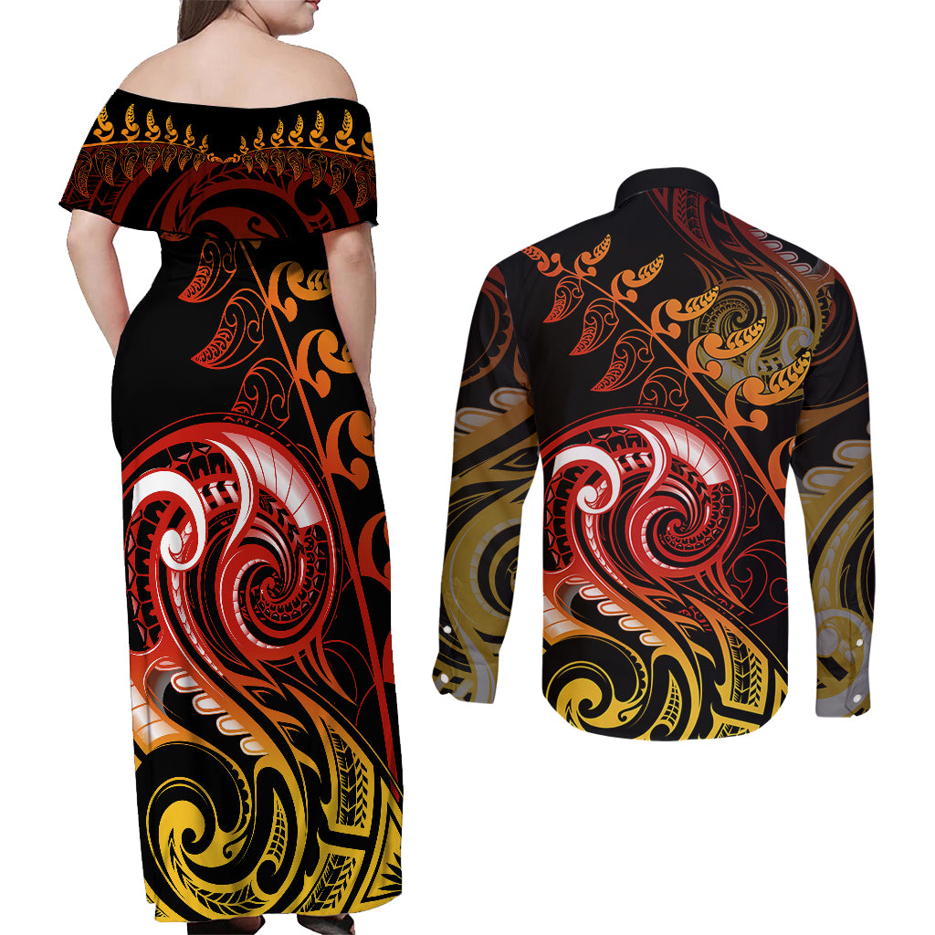 New Zealand Couples Matching Off Shoulder Maxi Dress and Long Sleeve Button Shirts Aotearoa Kiwi Bird Maori Fern Tattoo Arty LT9 - Polynesian Pride
