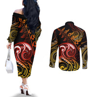 New Zealand Couples Matching Off The Shoulder Long Sleeve Dress and Long Sleeve Button Shirts Aotearoa Kiwi Bird Maori Fern Tattoo Arty LT9 - Polynesian Pride