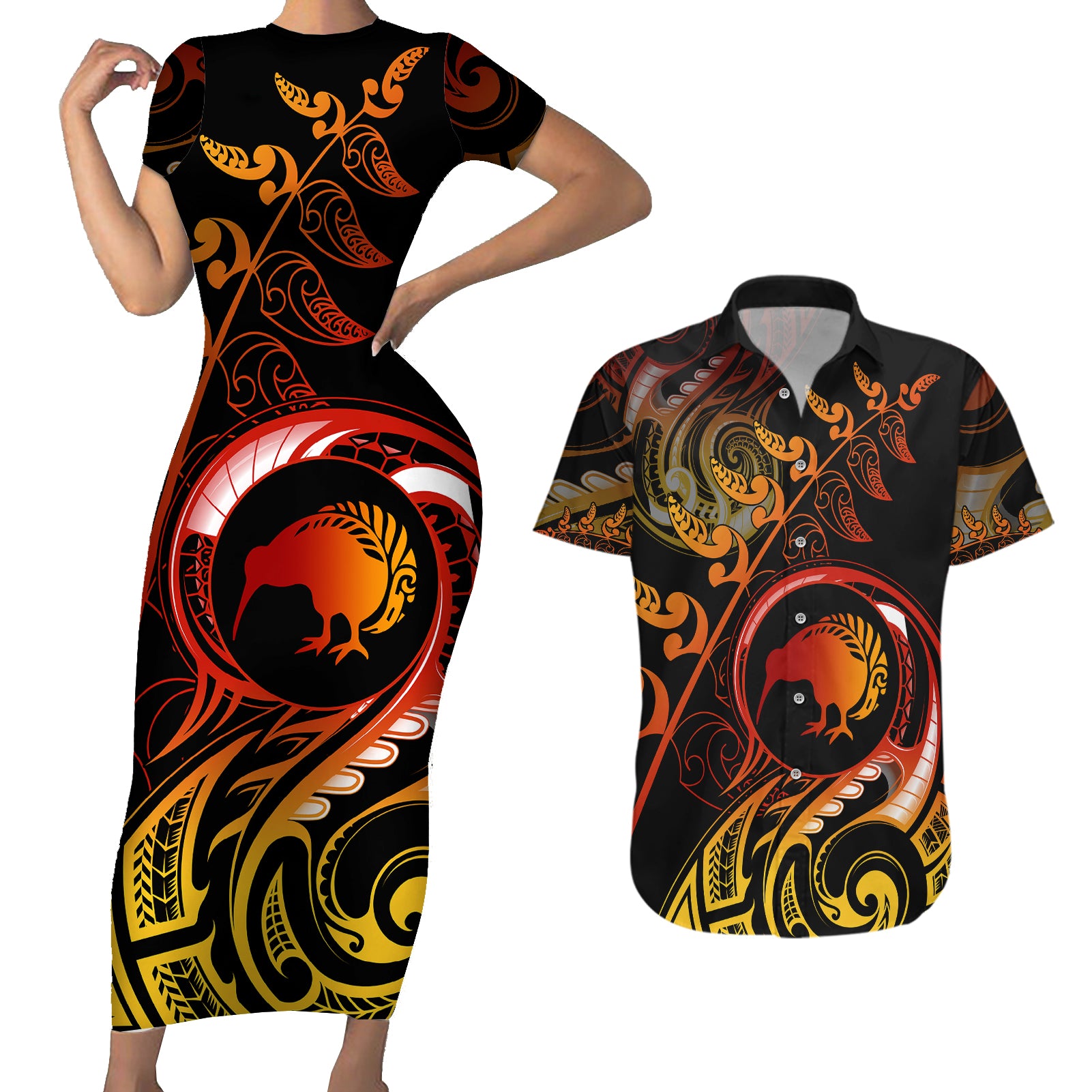 New Zealand Couples Matching Short Sleeve Bodycon Dress and Hawaiian Shirt Aotearoa Kiwi Bird Maori Fern Tattoo Arty LT9 Reggae - Polynesian Pride