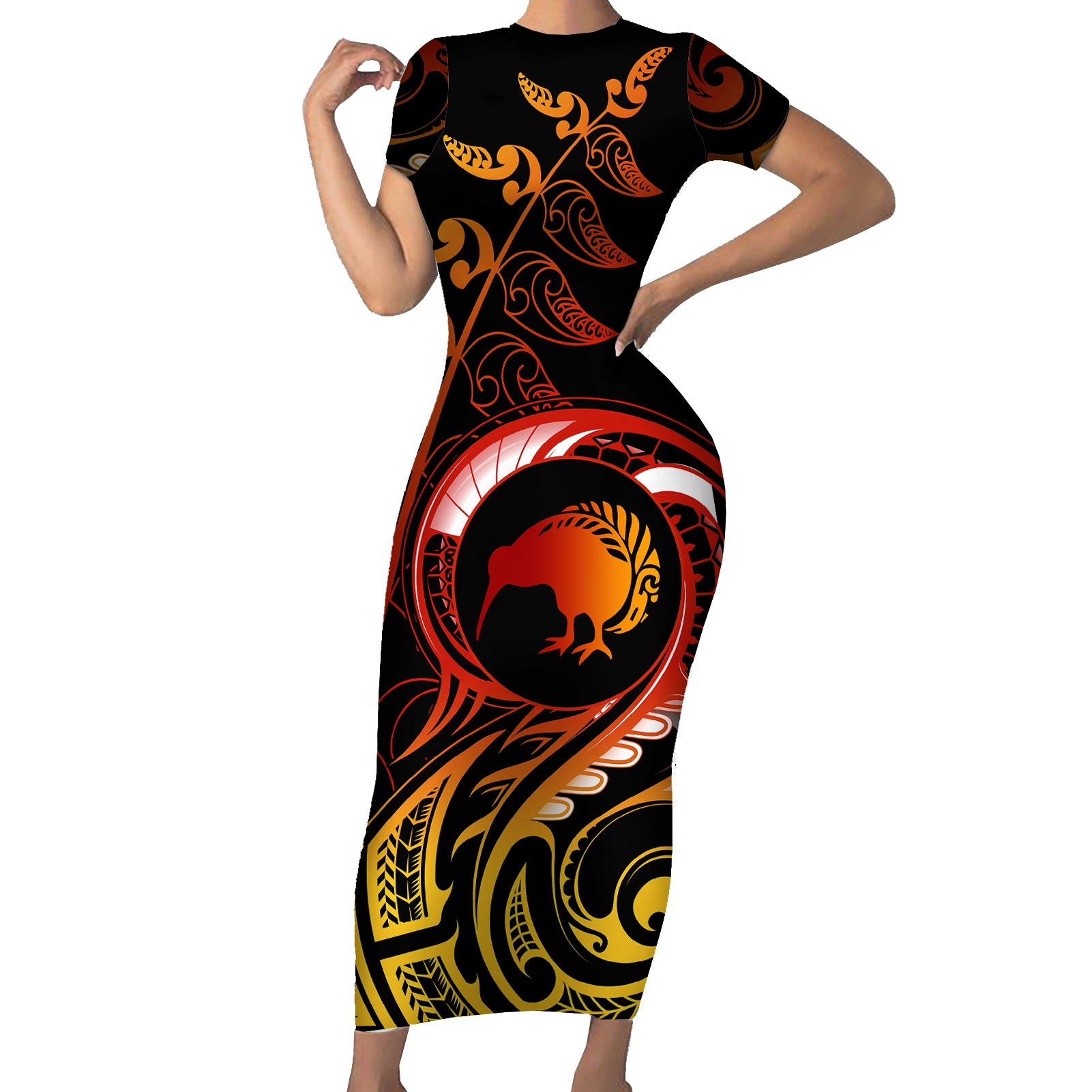 New Zealand Short Sleeve Bodycon Dress Aotearoa Kiwi Bird Maori Fern Tattoo Arty LT9 Long Dress Reggae - Polynesian Pride