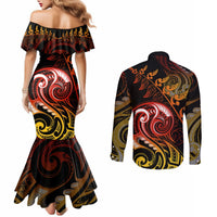 New Zealand Couples Matching Mermaid Dress and Long Sleeve Button Shirts Aotearoa Manaia Maori Fern Tattoo Arty LT9 - Polynesian Pride