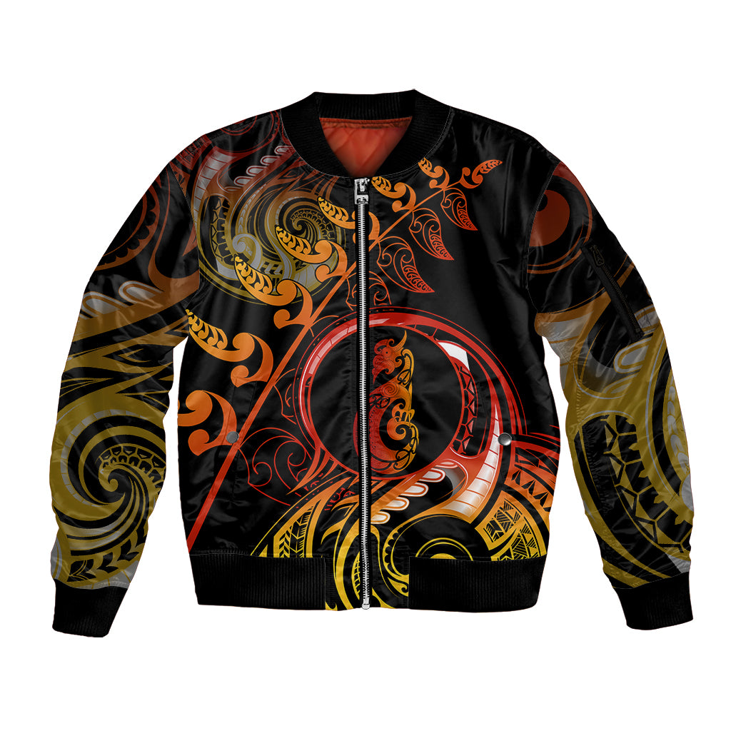 New Zealand Sleeve Zip Bomber Jacket Aotearoa Manaia Maori Fern Tattoo Arty LT9 Unisex Reggae - Polynesian Pride