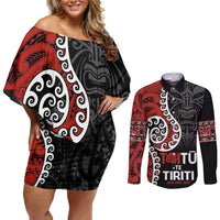 Honour The Treaty New Zealand Couples Matching Off Shoulder Short Dress and Long Sleeve Button Shirt Toitu Te Tiriti Ake!Ake!Ake!