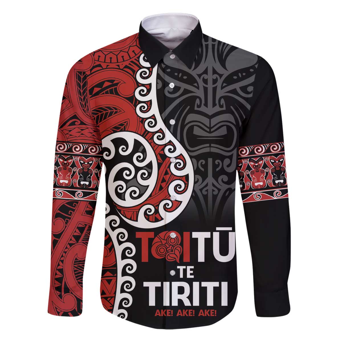 Honour The Treaty New Zealand Family Matching Off The Shoulder Long Sleeve Dress and Hawaiian Shirt Toitu Te Tiriti Ake!Ake!Ake! LT9 Dad's Shirt - Long Sleeve Black - Polynesian Pride