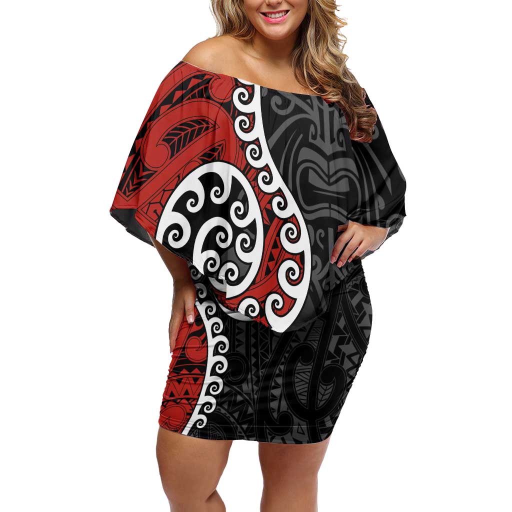 Honour The Treaty New Zealand Family Matching Off Shoulder Short Dress and Hawaiian Shirt Toitu Te Tiriti Ake!Ake!Ake! LT9 Mom's Dress Black - Polynesian Pride