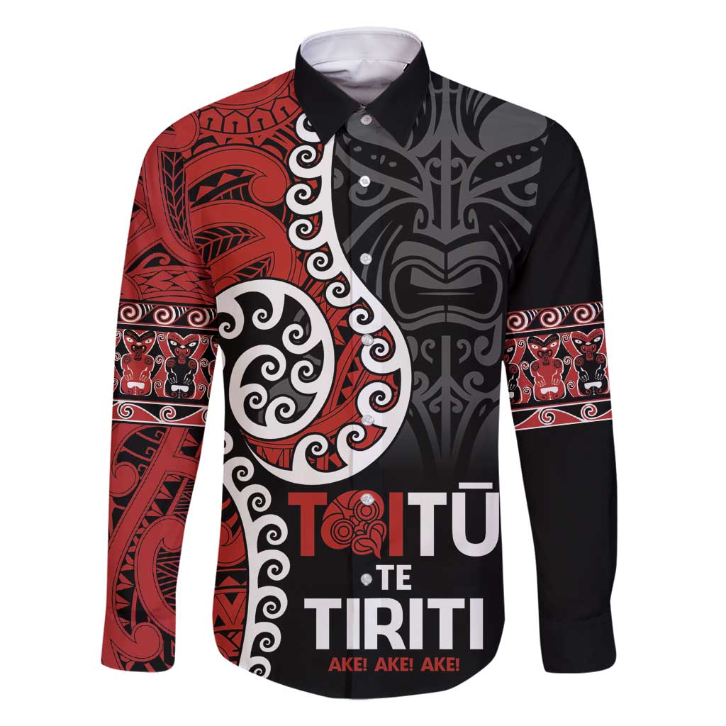 Honour The Treaty New Zealand Family Matching Summer Maxi Dress and Hawaiian Shirt Toitu Te Tiriti Ake!Ake!Ake! LT9 Dad's Shirt - Long Sleeve Black - Polynesian Pride