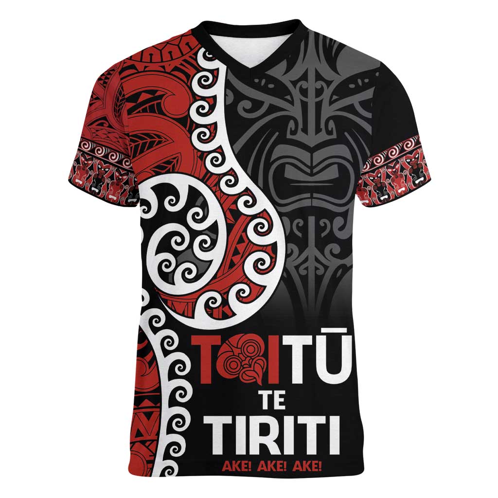 Honour The Treaty New Zealand Women V-Neck T-Shirt Toitu Te Tiriti Ake!Ake!Ake! LT9 Female Black - Polynesian Pride