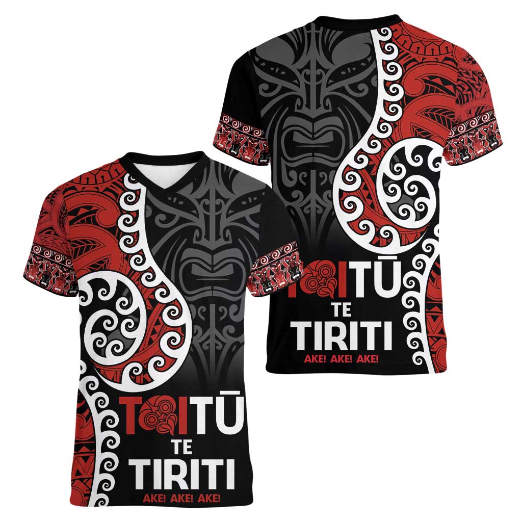 Honour The Treaty New Zealand Women V-Neck T-Shirt Toitu Te Tiriti Ake!Ake!Ake! LT9 - Polynesian Pride