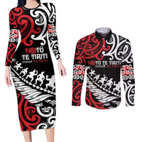 Honour The Treaty New Zealand Personalised Couples Matching Long Sleeve Bodycon Dress and Long Sleeve Button Shirt Toitu Te Tiriti Half Fern with Haka dance