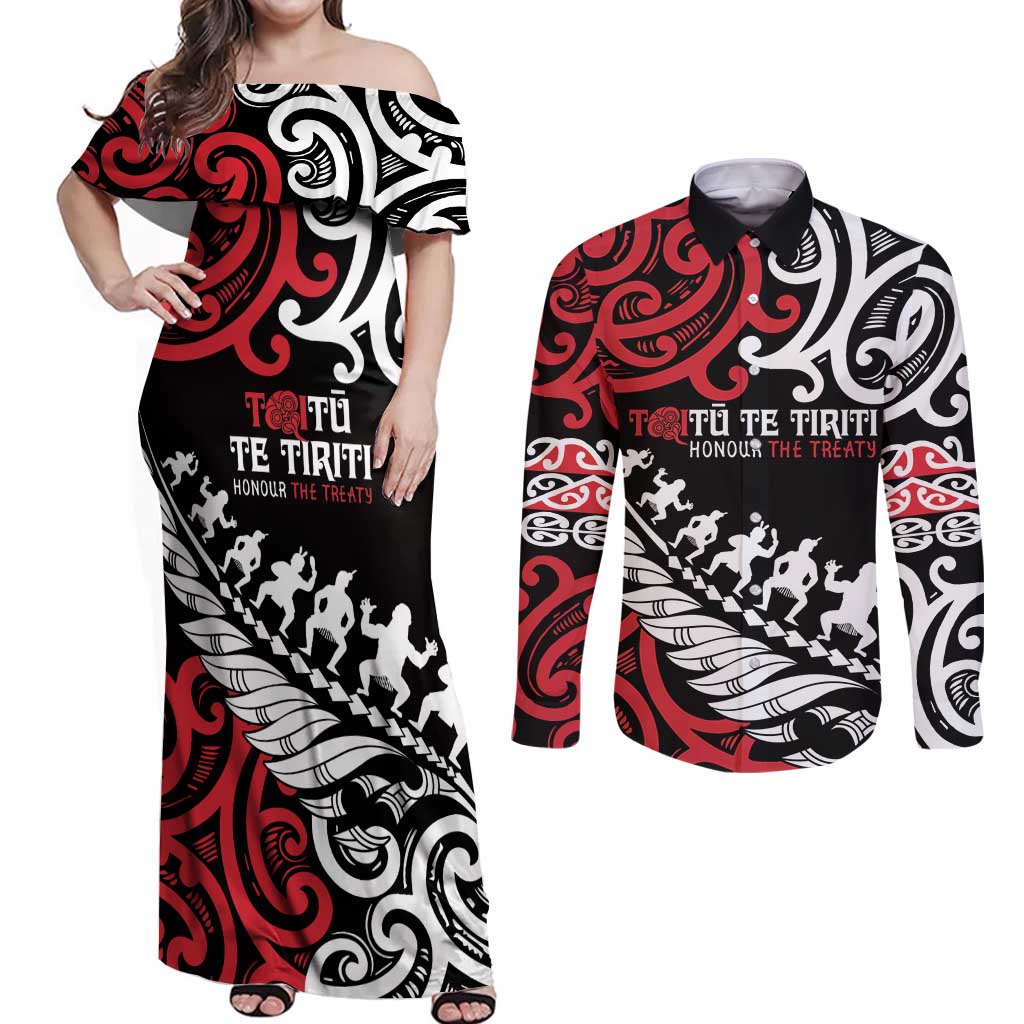 Honour The Treaty New Zealand Personalised Couples Matching Off Shoulder Maxi Dress and Long Sleeve Button Shirt Toitu Te Tiriti Half Fern with Haka dance