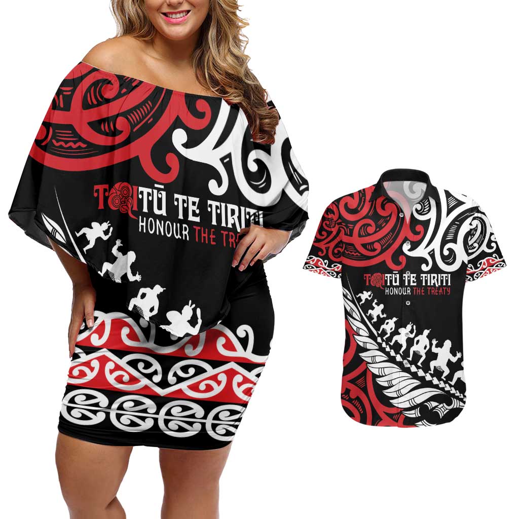 Honour The Treaty New Zealand Personalised Couples Matching Off Shoulder Short Dress and Hawaiian Shirt Toitu Te Tiriti Half Fern with Haka dance