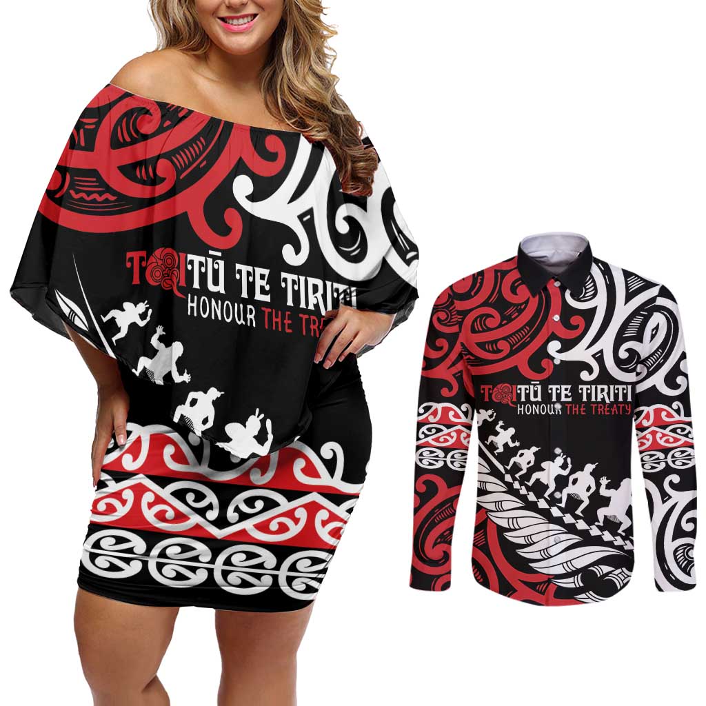 Honour The Treaty New Zealand Personalised Couples Matching Off Shoulder Short Dress and Long Sleeve Button Shirt Toitu Te Tiriti Half Fern with Haka dance