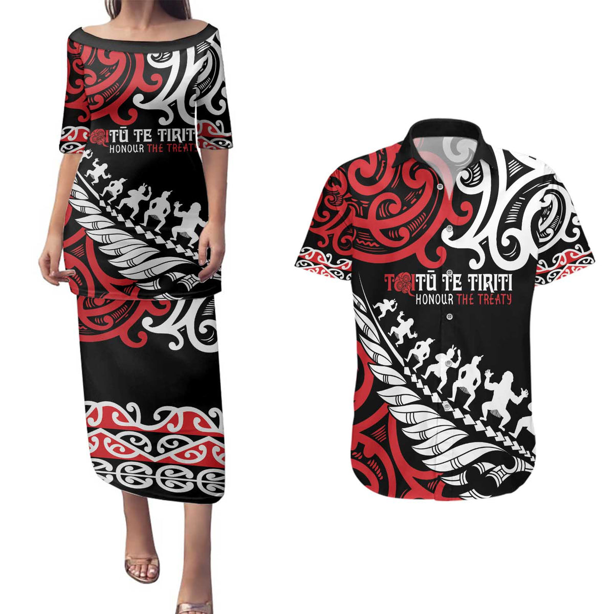 Honour The Treaty New Zealand Personalised Couples Matching Puletasi and Hawaiian Shirt Toitu Te Tiriti Half Fern with Haka dance